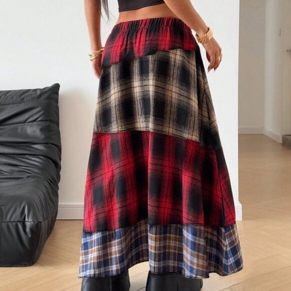 Multicolor Casual Women's Plaid Patchwork Maxi Skirt - Picture 2 of 6